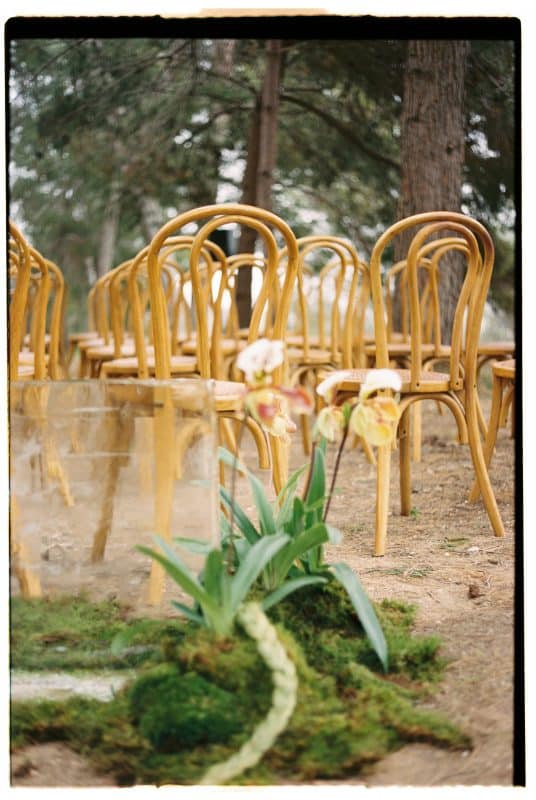 Pareja de novios en ceremonia civil al aire libre con sillas madera, flores frescas y decoración natural entre árboles.