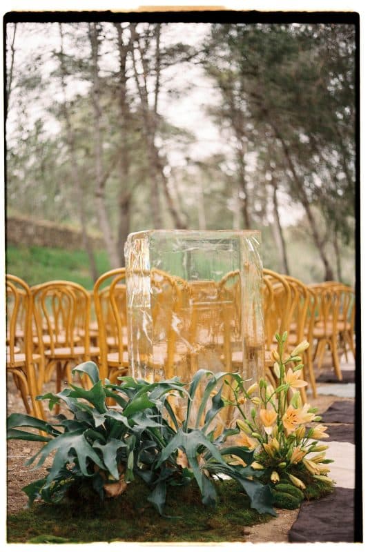 Pareja de novios en ceremonia civil al aire libre con sillas madera, flores frescas y decoración natural entre árboles.