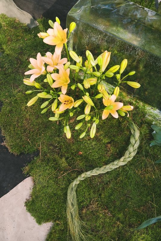 Pareja de novios en ceremonia civil al aire libre con sillas madera, flores frescas y decoración natural entre árboles.